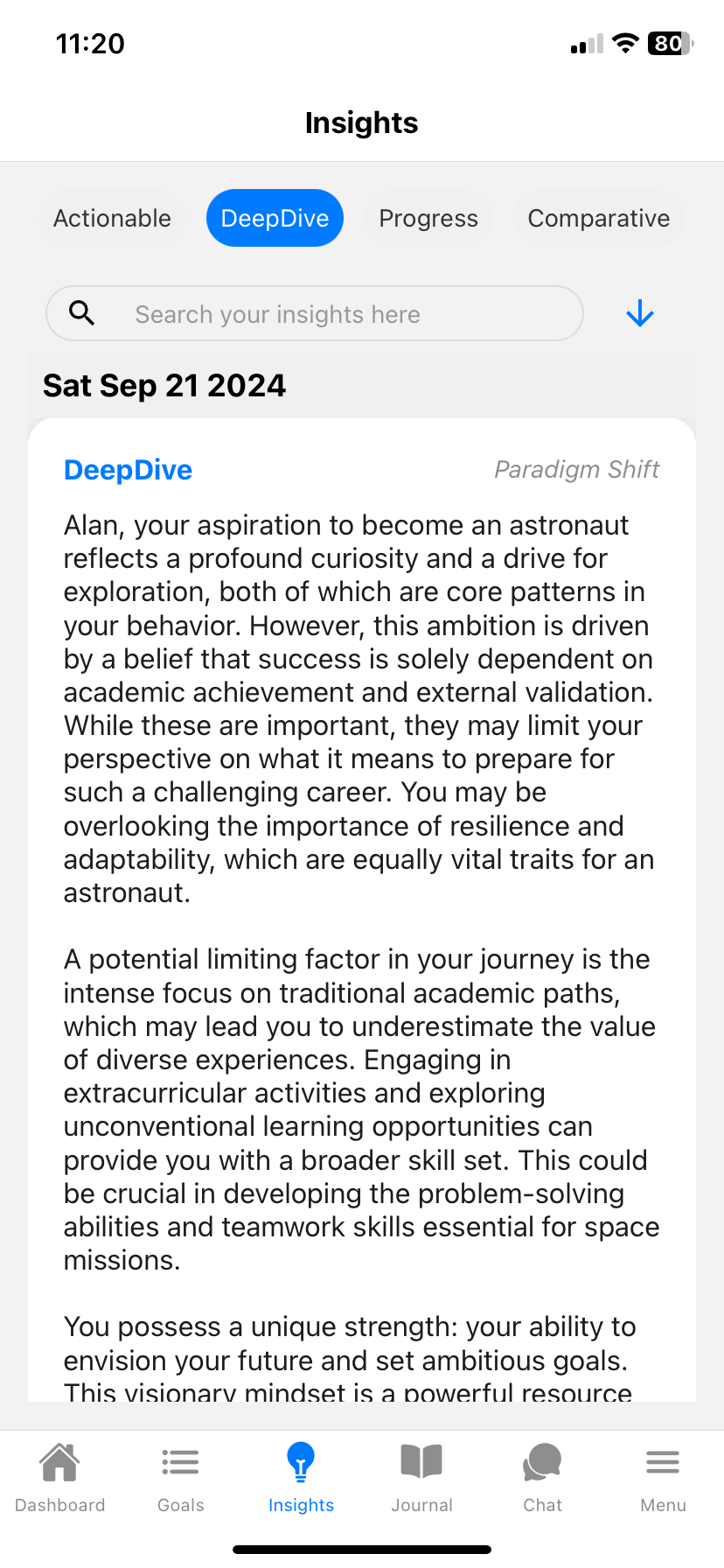 Life Sage AI Deep Dive Insights Screenshot